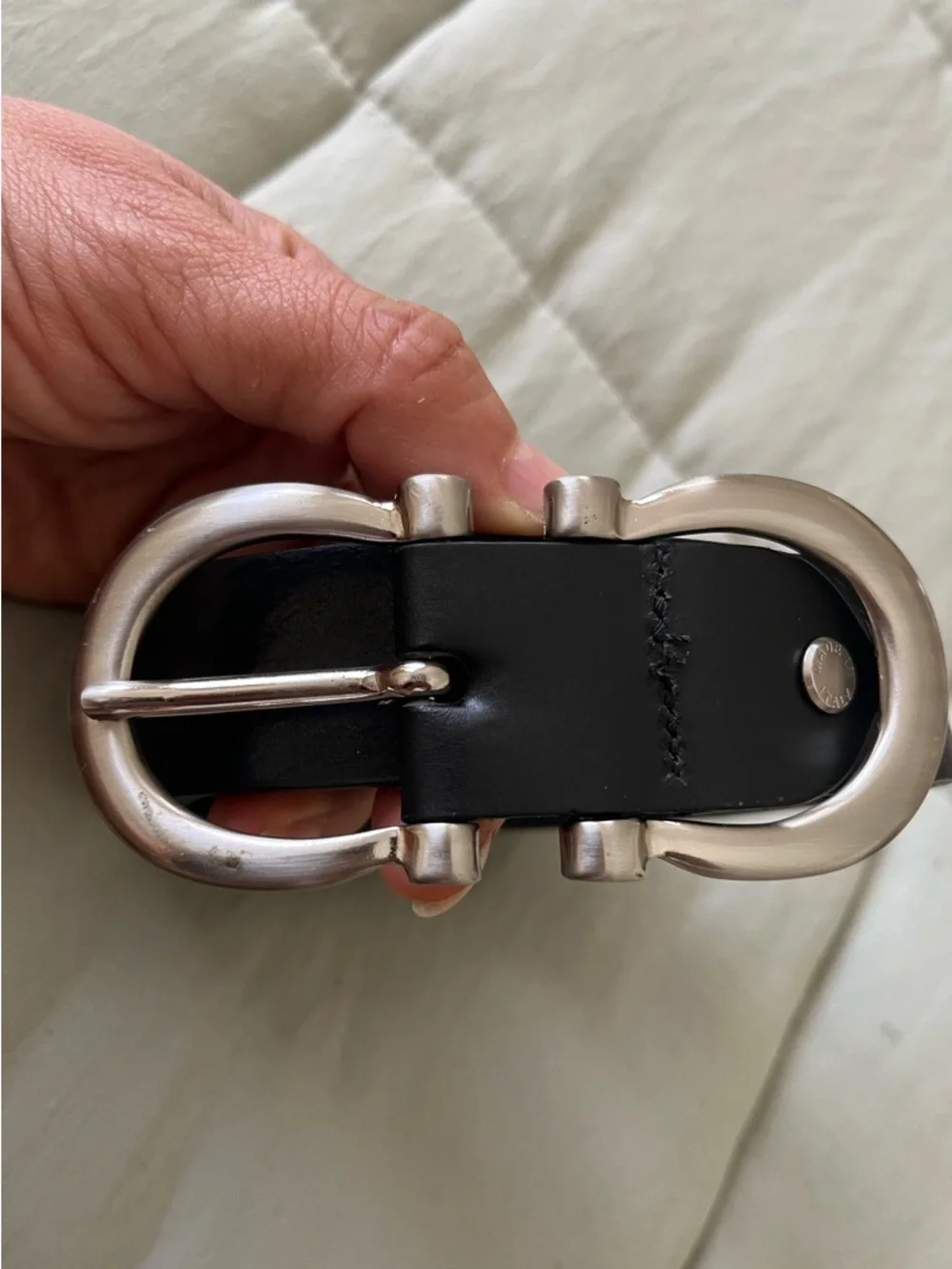 Italian Black Leather Belt with Silver Double O-Ring Buckle size 30